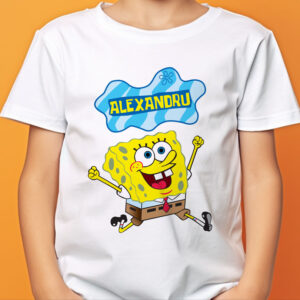 Tricou cu Spongebob personalizat cu nume pentru copii, rezistent la spălări, bumbac 100%, regular fit, culoare alb