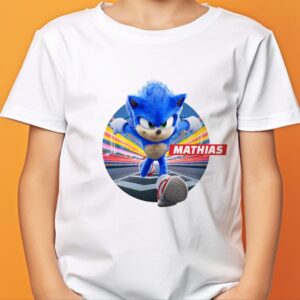 Tricou cu Sonic pentru copii, personalizat cu nume, bumbac 100%, culoare alb