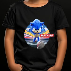 Tricou cu Sonic pentru copii, personalizat cu nume, bumbac 100%, culoare negru