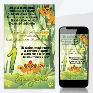Invitaţie digitală Kion pentru botez, aniversare sau tăiere de moţ, fundal junglă, The Lion King