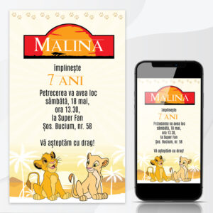 Invitaţie online Simba şi Nala, botez, aniversare sau tăiere de moţ, fundal crem, The Lion King