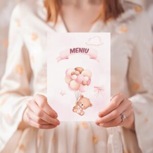 Meniu pentru fetiţe cu Ursuleţ cu Baloane, fundal roz, 20x14cm, carton lucios de 300g/m²