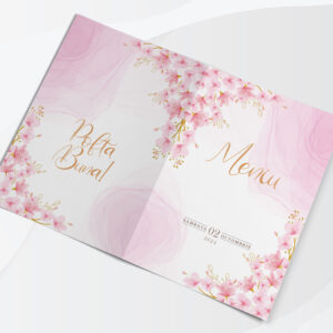 Meniu cu tematică florală, Flori de cireş, pentru botez sau nuntă, 20x14cm, carton lucios de 300g/m²