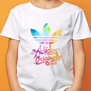 Tricou Adidas pentru copii, model Originals Rainbow, imprimeu rezistent, bumbac 100%, culoare alb