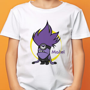 Tricou Evil Minion personalizat cu nume, pentru copii, bumbac 100%, imprimeu rezistent, culoare alb