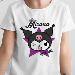 Tricou Kuromi pentru copii, personalizat cu nume, Sanrio, bumbac 100%, culoare alb