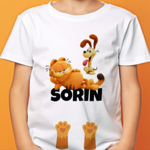 Tricou personalizat cu Garfield şi Odie pentru copii, rezistent la spălări, bumbac 100%, regular fit, culoare alb