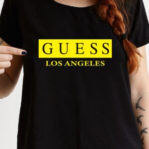 Tricou Guess pentru dame, Los Angeles, imprimeu rezistent la spălări, regular fit, bumbac 100%, culoare negru