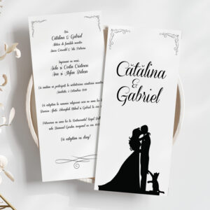 Invitaţii de nuntă cu Miri şi pisică, 21x9cm, carton de lux, design minimalist, plic inclus #1