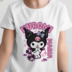 Tricou cu Kuromi pentru copii, personalizat cu nume, Sanrio, bumbac 100%, culoare alb, cadou copii