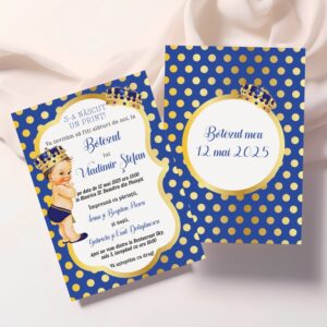 Invitaţie Micul Prinţ Royal pentru botez, 17x12cm, carton de lux 300g, fundal albastru cu picăţele aurii