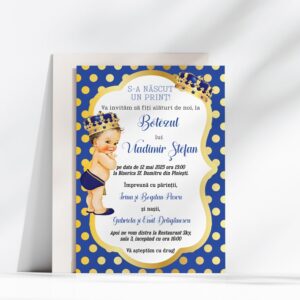 Invitaţie Micul Prinţ Royal pentru botez, 17x12cm, carton de lux 300g, fundal albastru cu picăţele aurii