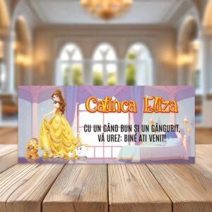 Plicuri de bani cu Prinţesa Belle pentru botez, 2 în 1 tip place card, 20x9cm, carton premium