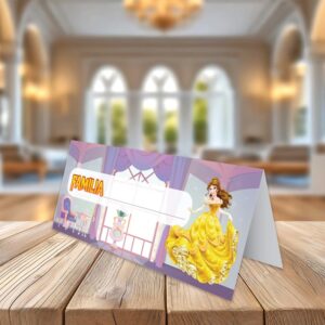 Plicuri de bani cu Prinţesa Belle pentru botez, 2 în 1 tip place card, 20x9cm, carton premium