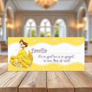 Plicuri cu Prinţesa Belle pentru darul de botez, 2 în 1 tip place card, 20x9cm, carton de lux