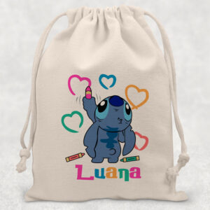 Săculeţ cu Stitch personalizat cu nume, pentru grădiniţă sau şcoală, diverse materiale şi culori