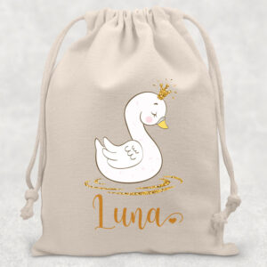 Săculeţ cu Lebădă pentru grădiniţă sau şcoală, personalizat cu nume, material bumbac sau poliester
