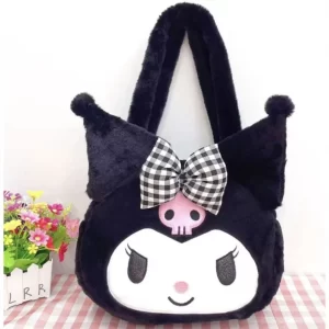 Geantă de umăr Kuromi pufoasă pentru fete, rotunda, diametru 30cm, culoare negru, Sanrio, închidere cu fermoar