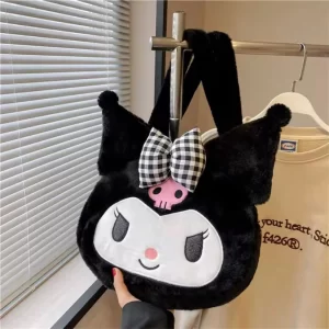 Geantă de umăr Kuromi pufoasă pentru fete, rotunda, diametru 30cm, culoare negru, Sanrio, închidere cu fermoar