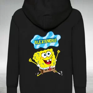 Hanorac SpongeBob personalizat cu nume pentru copii, 280g, fără fermoar, cu glugă şi buzunar frontal, culoare negru