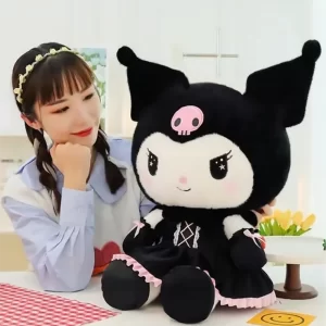 Păpuşă Kuromi din pluş cu rochiţă, cadou copii, 40cm, seria Sanrio, culoare negru