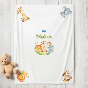 Păturică bebe cu animăluţe Safari, personalizată cu nume, 90x80cm, bumbac 100%, flanelată la interior