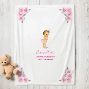 Păturică bebe cu Mica Prinţesă, personalizată cu nume, 90x80cm, bumbac 100%, flanelată la interior, model 1