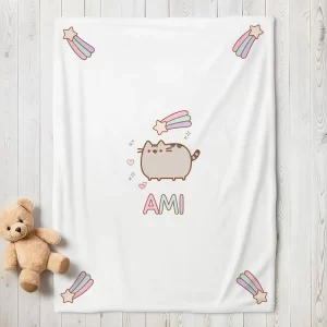 Păturică Pusheen pentru bebe, personalizată cu nume, 90x80cm, bumbac 100%, flanelată la interior