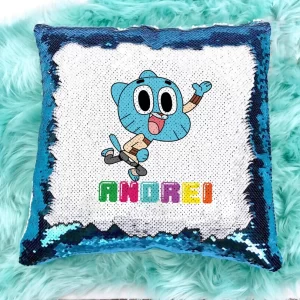 Pernă Gumball Watterson cu paiete albastre personalizată cu nume, 40x40cm, poliester, cadou copii