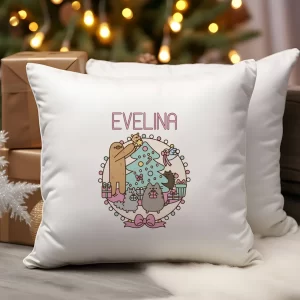 Pernă Pusheen de Crăciun personalizată cu nume, 40x40cm, diverse modele