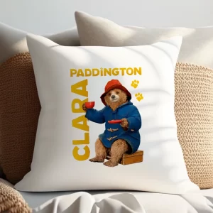 Pernă cu Paddington personalizată cu nume, 40x40cm, poliester, diverse materiale