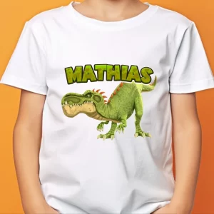 Tricou Gigantosaurus personalizat cu nume, bumbac 100%, regular fit, imprimeu rezistent la spălări, culoare alb