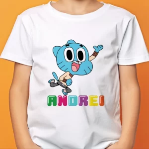Tricou Gumball Watterson personalizat cu nume pentru copii, regular fit, bumbac 100%, culoare alb