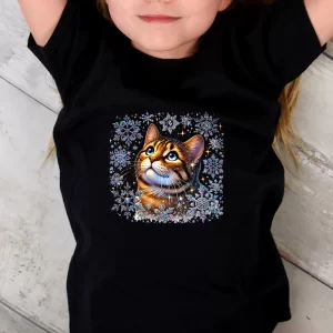 Tricou Crăciun Pisică, imprimeu rezistent la spălări, bumbac 100%, Regular Fit, culoare alb/negru #2