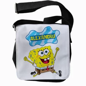 Geantă SpongeBob personalizată pentru copii, închidere cu fermoar, diverse dimensiuni, culoare negru, cadou copii