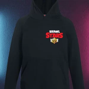 Hanorac cu Brawl Stars pentru copii personalizat cu nume, fără fermoar, cu glugă şi buzunar frontal, culoare negru