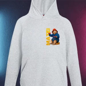 Hanorac cu Paddington personalizat pentru copii, fără fermoar, cu glugă şi buzunar frontal, culoare gri print faţă