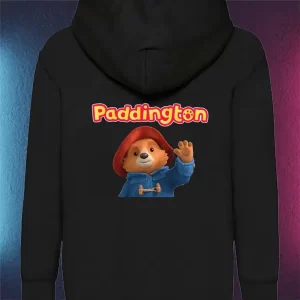 Hanorac cu Paddington personalizat pentru copii, fără fermoar, cu glugă şi buzunar frontal, culoare negru, print spate