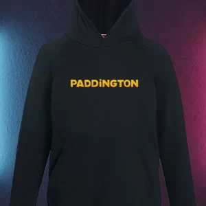 Hanorac Paddington pentru copii personalizat, fără fermoar, cu glugă şi buzunar frontal, culoare negru, print faţă