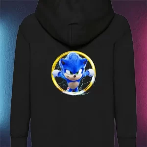 Hanorac Sonic personalizat pentru copii, fără fermoar, cu glugă şi buzunar frontal, culoare negru