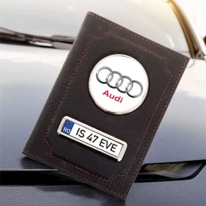 Portofel Audi Port document din piele personalizat cu Logo şi număr de înmatriculare, 13x10cm, culoare negru