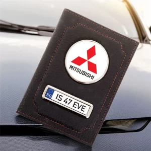 Portofel Mitsubishi Port document din piele personalizat cu Logo şi număr de înmatriculare, 13x10cm, culoare negru