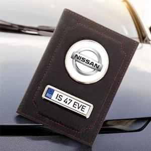 Portofel Nissan Port document din piele personalizat cu Logo şi număr de înmatriculare, 13x10cm, culoare negru