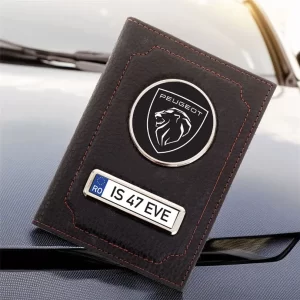 Portofel Peugeot Port document din piele personalizat cu Logo şi număr de înmatriculare, 13x10cm, culoare negru