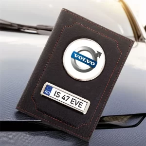 Portofel Volvo Port document din piele personalizat cu Logo şi număr de înmatriculare, 13x10cm, culoare negru