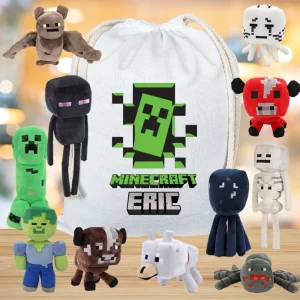 Set cadou de 11 pluşuri Minecraft, cu săculeţ personalizat cu nume pentru copii