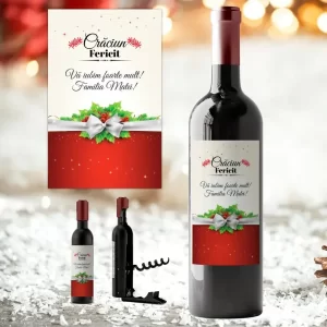 Sticlă de vin personalizată cu mesaj şi desfăcător magnetic în tematică de Crăciun