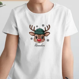 Tricou Crăciun Reni personalizabil, unisex, rezistent la spălări, bumbac 100%, Regular Fit, culoare alb