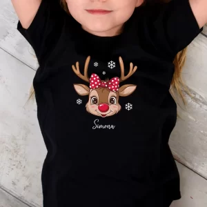 Tricou Crăciun Reni personalizabil, unisex, rezistent la spălări, bumbac 100%, Regular Fit, culoare negru