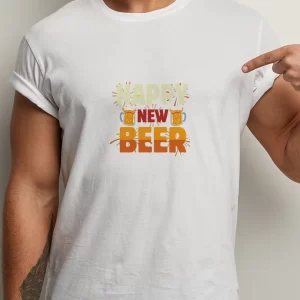 Tricou Happy New Beer, unisex, rezistent la spălări, bumbac 100%, Regular Fit, culoare alb